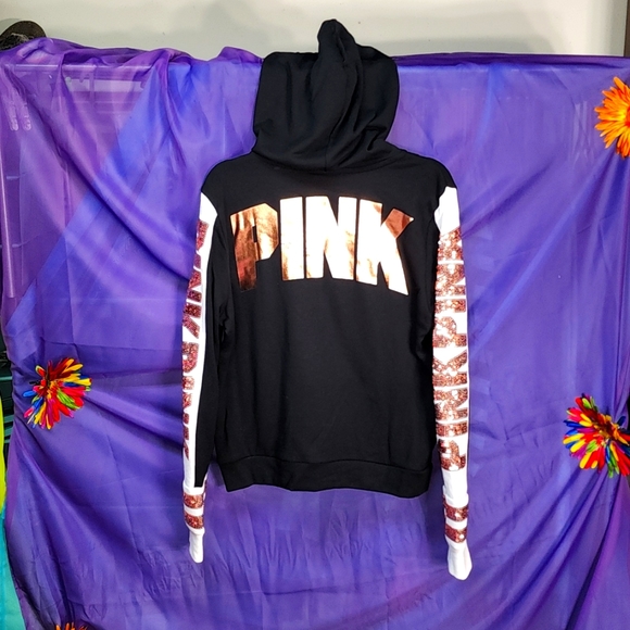 PINK Victoria's Secret Tops - VS PINK - Black and White Striped Zip Up With Gold Bling - Size Large